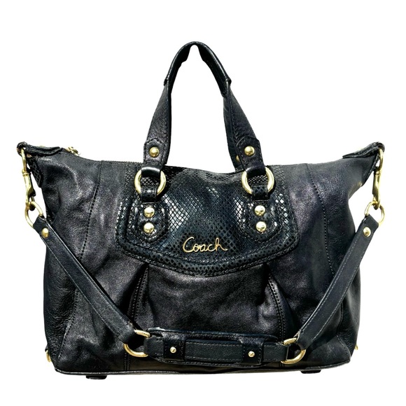 Coach Ashley 2Way Leather Handbag Satchel Tote-Black Sequined Snakeskin/Gold - Picture 4 of 15